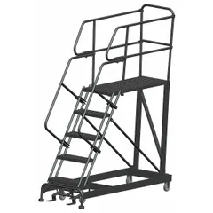 This rolling single-access platform provides a fixed-height work surface for tasks requiring elevated access. The steel platform measures 24 by 48 inches and supports up to 800 lb. Handrails and a foot-activated step lock enhance stability during use.