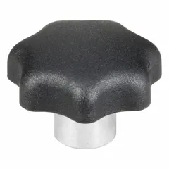 This 7-arm knob features a plastic body with a steel threaded insert, size #10-32, and a thread length of 8.5 mm. The 25 mm diameter and multi-arm design provide a secure grip for manual adjustment and clamping in jigs, fixtures, and workholding applications.