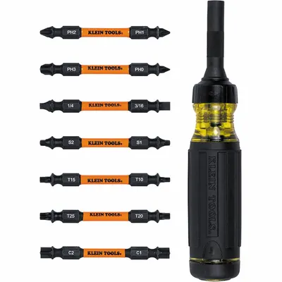 KLEIN TOOLS: Phillips/Slotted/Square/Torx Tip, 14 Tips, 9 1/2 in Overall Lg - General Purpose Multi-Bit Screwdrivers