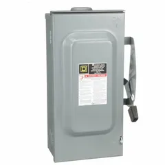 This SQUARE D fusible safety switch is rated for 100 A, three-phase, 240V AC service. The galvanized steel enclosure is suitable for indoor or outdoor installation. It provides a means to safely disconnect power for maintenance or emergency shutdown in industrial and commercial electrical systems.