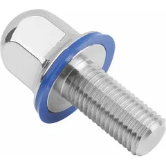 Fully threaded M12 hex head bolt with a crowned flanged head and an FDA-approved pre-mounted sealing washer. Made from Grade 316L stainless steel, 35 mm fastener length. Suitable for sanitary and washdown environments requiring contamination prevention.
