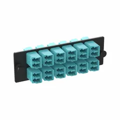 Multi-mode fiber optic adapter plate with 12 LC duplex ports. OM4 rated with PC contact finish. Aqua colored. Used for high-density fiber management in structured cabling systems.