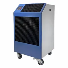 This heavy-duty portable air conditioner provides 36,100 BtuH of cooling capacity for indoor use. It operates on 208/230V AC and includes an air filter. Typical applications include temporary cooling in industrial facilities, data centers, and large event spaces.