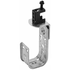 Galvanized steel beam mount J-hook with clamp-on locking latch for secure cable retention. Supports bundles up to 2 in diameter with 30 lb max load. Features 360° horizontal rotation for flexible cable routing on beam structures.