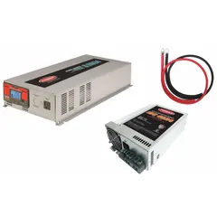 This multi-unit inverter with battery charger converts 10.5 to 15V DC input to 120V AC pure sine wave output, with a peak power of 5000 W. The integrated charger accepts 105 to 130V AC input and outputs 26.4V to 28.8V DC for battery maintenance. Suitable for mobile, marine, and backup power applications requiring clean AC power and battery charging.