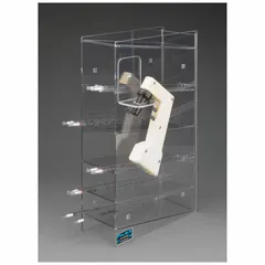 Clear PETG benchtop pipette holder designed to organize up to five serological pipettes. Overall height 18 3/4 in, overall length 11 1/4 in. Provides visual identification of pipette sizes and helps maintain an orderly workstation during liquid handling tasks.