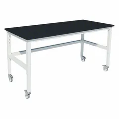 This adjustable-height lab table features a phenolic countertop that resists chemicals and moisture, with a steel frame in petal white finish. Height adjusts from 30 to 36 inches via locking swivel casters for mobility and stability. Overall dimensions: 24 in width, 5 ft length, 36 in height. Suitable for laboratory, testing, and clean room environments requiring a durable, mobile work surface.