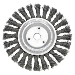 This WEILER weld-cleaning brush is designed for removing slag and spatter from carbon steel welds. It features a 6-7/8" diameter, 3/16" width, 5/8"-11 threaded arbor, and 0.02" steel fill. Suitable for fabrication, metalworking, and maintenance tasks requiring weld surface preparation.