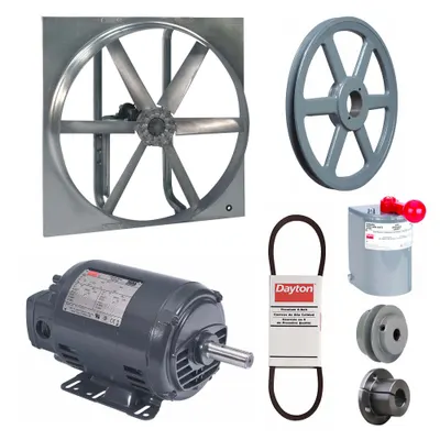 Dayton Exhaust/Supply Fan: Belt Drive, 36 in Blade, 1 hp, Open Dripproof, 208-230/460V AC - Belt-Drive Reversible Panel Fans with Drive Package