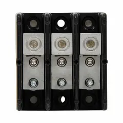 Open-style power distribution block with line lugs and load studs for surface mounting. Accepts aluminum conductors with line-side wire sizes from 14 AWG to 2/0 AWG. Used to distribute power from a single input to multiple outputs in industrial control panels and switchgear.