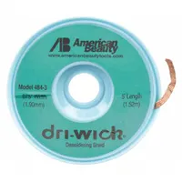 Rosin flux desoldering braid for removing solder from electronic assemblies. Type #3, 0.08 in width, 5 ft length. Green color, ESD-safe construction. Suitable for rework, repair, and prototyping on circuit boards