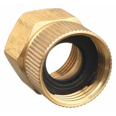 This adapter connects a standard garden hose (GHT) to equipment with NPT threads. The female x female swivel design simplifies installation in tight spaces. Overall length is 32 mm.