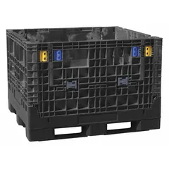 Rectangular collapsible plastic bulk container with solid walls and two drop doors. 4-way fork entry with fork pockets. Stacking capable. Lid not included. 48 in x 45 in x 51 in. Used for storing and transporting bulk materials in industrial and warehouse settings.
