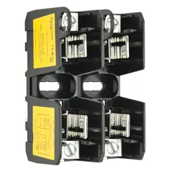 This BUSSMANN fuse block is a 2-pole, open-block design rated for 600 V AC, accepting UL Class J fuses. It features box-lug terminals and is non-indicating. Commonly used in industrial control panels, motor protection circuits, and power distribution systems for overcurrent protection.