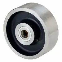 This steel tread wheel has an 8-inch diameter and 3-inch width, rated for a 10,000 lb load. The wheel and tread are steel with a blue finish. It is used in heavy-duty material handling applications such as carts, tow lines, and dollies. Spanner bushing is not included