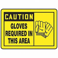 This 5-pack of adhesive-mounted vinyl signs displays the message 'Caution: Gloves Required In This Area' to remind personnel to wear hand protection. Each sign measures 3 1/2 in x 5 in with a thickness of 0.02 in. Suitable for mounting on walls, doors, or equipment in industrial environments where glove use is mandatory.