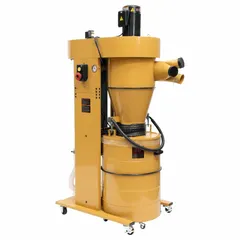 Mobile cyclone-style wood dust collector for woodworking shops. Operates on 230V AC, delivers 1,543 cfm airflow, and achieves 100% filtration efficiency at 1 micron. Features a bag collection system and cartridge filter, with a noise level of 78 dB. Suitable for capturing fine dust from saws, planers, and sanders.