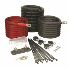 This installation kit includes a 10 ft cable and a loom for connecting a power inverter. Designed for use with the S3000 inverter, it provides the necessary wiring and protection for setting up inverter systems in vehicles or other mobile power applications.