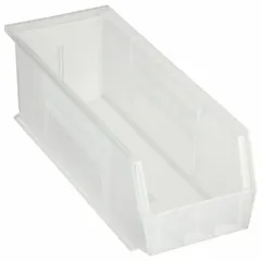 This clear plastic bin is designed for organizing small parts, components, and hardware in industrial workstations, warehouses, and assembly lines. It includes a label holder for quick visual identification and inventory management. The bin is not electrostatic discharge conductive and contains 0% recycled content.