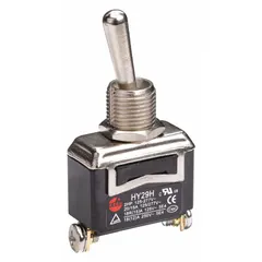 This panel-mount toggle switch is a single-pole single-throw (SPST) device with a 2-position On/Off function. It features screw terminal connections and is rated for 20 A at 125 V AC, with a horsepower rating of 2 hp. Suitable for industrial control applications such as conveyors, pumps, and machine tools.