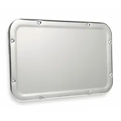 Rectangular non-glass security bathroom mirror with a bright annealed stainless steel frame and round edge style. Measures 17 1/4 inches in height and 11 1/4 inches in width. Not lighted. Suitable for high-traffic areas requiring breakage resistance.
