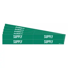 Green adhesive pipe markers with white 'Supply' legend for identifying pipes carrying supply fluids such as water or air. Each marker fits pipe outer diameters from 3/4 to 2-3/8 inches. Pack includes 4 markers without arrows, supplied in a 5-pack quantity.