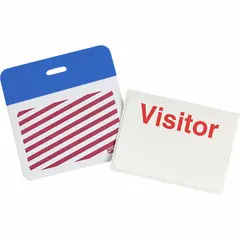 Vinyl clip-on badge with white background and red legend. Card height 2 inches, width 3 inches. Pack of 500. Used for temporary identification and access control in facilities.