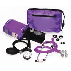 This reusable blood pressure match set includes an adult-sized nylon cuff, a dual-head stethoscope with large diaphragm, and a no-needle-stop gauge. It is designed for manual arm blood pressure measurement on adult patients and comes with a carrying case for portability.