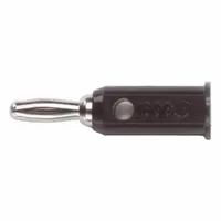 This adapter converts a standard sheath banana jack to a non-sheath banana plug for electrical testing connections. The body is made of beryllium copper with a black finish. It is rated for maximum voltage of 2,500 V and maximum current of 5 A, suitable for use in test benches and laboratory instrumentation