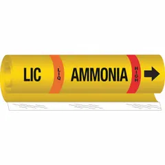 Ammonia wrap-around pipe marker for identifying liquid ammonia (LIQ) piping at high pressure in industrial refrigeration systems. Fits pipe outer diameter 1-1/2 to 2-3/8 inches. Includes directional arrows for flow indication. IIAR system abbreviation LIC.