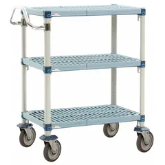 This steel lab cart includes three shelves for transporting instruments, glassware, and supplies in laboratory, cleanroom, or industrial settings. Overall dimensions: 18 in width, 30 in length, 39 in height. No compartments.