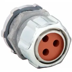 Steel-bodied straight multi-cable grip with silver finish. Accommodates three cords of 0.22 in diameter each. Provides liquid-tight sealing and strain relief at box connections via 1 in MNPT. Used to terminate multiple cables into enclosures in industrial wiring applications.