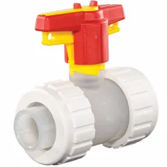Inline ball check valve with polypropylene body and socket x socket connections for 1 1/2 in pipe. Prevents backflow in low-pressure liquid systems handling corrosive fluids. Suitable for chemical processing, water treatment, and industrial pump applications.