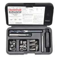 This thread repair kit includes 18-8 stainless steel helical inserts with a free-running, plain finish and a 3/8"-24 fine thread. It is designed for restoring damaged threads in metal components and comes with an STI tap of matching size. Suitable for inch-system applications requiring right-hand threads