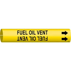 Yellow snap-on pipe marker with black legend 'Fuel Oil Vent' and directional arrows. Fits pipe outer diameters from 1-1/2 to 2-3/8 inches. Supplied as a single marker for identifying fuel oil vent lines in piping systems.