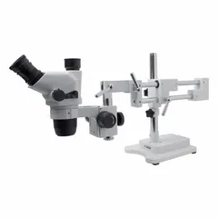 Trinocular stereo microscope with 0.8X to 10X zoom range and 10X eyepiece, providing a 22 mm optical field of view and 100 mm working distance. Features a boom/goose neck stand for flexible positioning. Suitable for inspection, assembly, and quality control tasks requiring detailed observation of small components.