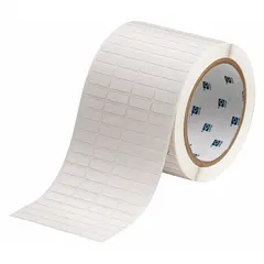 Polyimide precut label roll with permanent adhesive, measuring 3 11/32 in x 1/4 in. Designed for use with the BBP81 printer series. Suitable for industrial labeling applications requiring heat and chemical resistance, such as wire marking, asset tracking, and component identification.