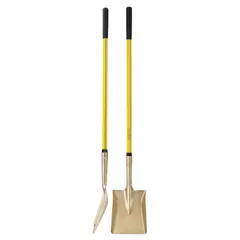 Square point shovel with a gold aluminum-bronze alloy blade and a yellow straight handle. The blade material is non-sparking, suitable for use in environments where spark prevention is required.