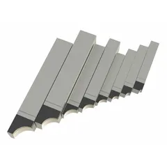 Set of RAD-style tool bits for radius turning and contouring on lathes. Includes shank widths and heights of 3/8 in, 1/2 in, and 3/4 in. Suitable for generating internal or external radii in general machining operations.