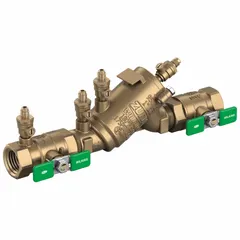 This 1-inch double check backflow preventer features a bronze body with male NPT threaded connections on both ends. It includes ball valve shut-offs and measures 11.75 inches in overall length. Designed for non-hazardous cross-connection control, it prevents reverse flow due to backpressure or backsiphonage in plumbing systems.