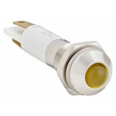 This LED indicator pilot light features a yellow raised head and M08 design for clear visual status indication on industrial control panels and machinery. It mounts into a 5/16 in panel hole and connects via 0.11 Male Quick Disconnect. Suitable for use in manufacturing, automation, and process equipment.