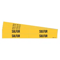 These adhesive pipe markers identify pipes carrying sulfur in industrial facilities. Each marker has a yellow background with black legend text reading 'Sulfur' and fits pipe outer diameters from 3/4 to 2-3/8 inches. Sold in a 5-pack containing 4 markers each, without directional arrows.