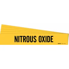 Adhesive pipe marker with yellow background and black legend reading 'Nitrous Oxide'. Fits pipe outer diameters from 2-1/2 to 7-7/8 inches. Pack of 5 markers without directional arrows. Used to identify nitrous oxide piping in medical, industrial, or laboratory systems.