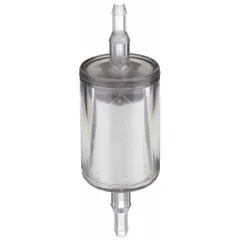 Disposable compressed air filter with nylon bowl for 1/4 in tube connections. Provides 0.01 micron particulate removal at 99.99% efficiency with a flow rate of 5.4 cfm. Used in pneumatic systems to remove contaminants from compressed air lines.