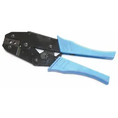 This coaxial cable connector crimper is designed for use with RG59 and RG62 cables. It accommodates BNC, Mini THF, and TNC connectors. The tool features a 9-inch overall length and a deluxe cushion grip for comfort during repetitive crimping tasks.
