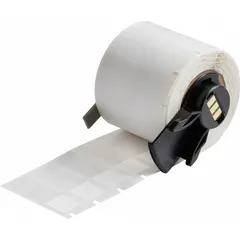White matte self-extinguishing vinyl precut label roll, 1 1/2 in x 1/2 in. Designed for use with BMP71 printer series and M61-R4310 ribbon. Suitable for wire and cable marking in electrical panels and machinery.