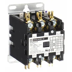 Three-pole, three-phase definite purpose contactor with 3NO main pole contact form. Rated 40 A at 480V AC with a maximum voltage rating of 600V AC. Coil voltage 440/480V AC. Terminals are quick-disconnect type. Suitable for switching loads in HVACR systems such as air conditioning, refrigeration, and heating equipment.