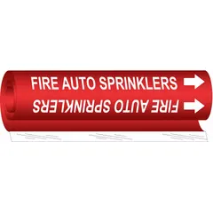 Red wrap-around pipe marker with white legend reading 'Fire Auto Sprinklers' and directional arrows. Fits pipe outer diameters from 2-1/2 to 7-7/8 inches. Used to identify fire sprinkler piping in commercial and industrial settings.