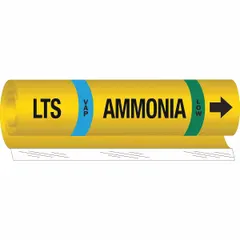 Ammonia wrap-around pipe marker for identifying VAP phase, low pressure lines in industrial refrigeration piping systems. Fits pipe outer diameter of 2-1/2 to 7-7/8 inches. Includes directional arrows for flow indication. IIAR system abbreviation LTS.