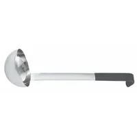 This ladle is constructed of stainless steel with a black finish and features a 17-inch handle. It is NSF certified for commercial use. Suitable for portioning and serving soups, stews, sauces, and other liquids in foodservice operations